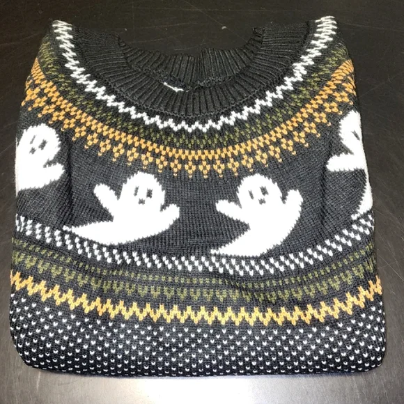 Halloween Black and White Ghost Pattern Sweater Sizes L, XL, and XXL - Picture 1 of 7